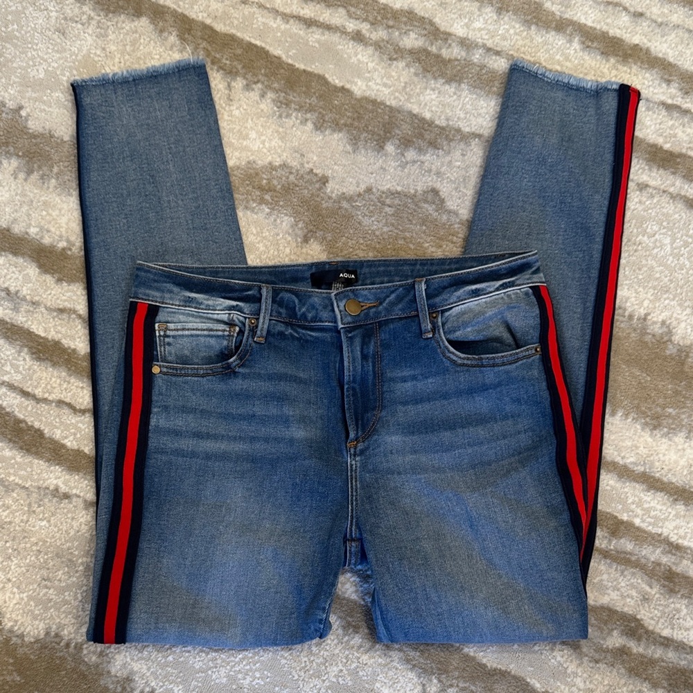 Aqua Denim jeans with Red/navy Accent Stripe